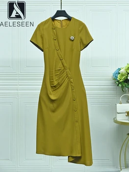 AELESEEN מעצב אופנה שמלת הקיץ נשים Irregualr אחת עם חזה חרוזים פנינים דק אלגנטי Midi מסיבת המשרד בנות