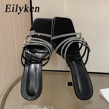 Eilyken אופנה קריסטל הבוהן ציוץ של נשים נעלי נעלי עקבים צר אבזם חוף כפכפים פרדות נעלי נשים