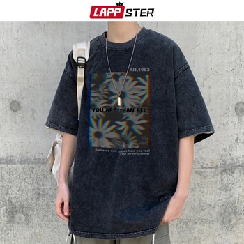 LAPPSTER Y2k עלה הדפס גרפי חולצות 2023 קיץ שחור Harajuku הדפסה אופנת רחוב ה-90 חולצות גברים מנופחים היפ הופ Tees