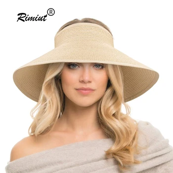 Rimiut חדש לנשים מגן השמש שוליים רחבים, קש כובע השמש בקיץ מתקפל Packable הגנת UV כובע על החוף נסיעות מכסה המנוע כובעים