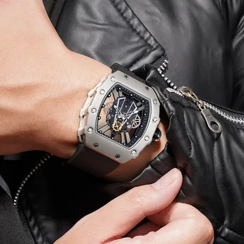 אופנה נירוסטה, קוורץ שלד שעון גברים כסף שחור רצועת סיליקון אנלוגי שעון יד עם זוהר ידיים Tonneau