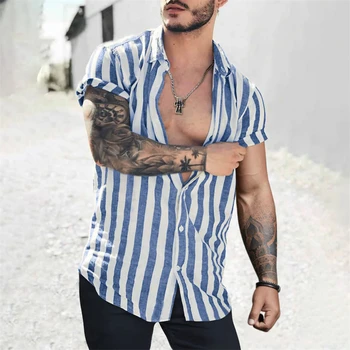 בקיץ רחוב הלבשה של גברים מקרית החולצה הפוך צווארון האופנה אנכי תבנית שרוול קצר בראש חוצות פשוטה בגדי גברים