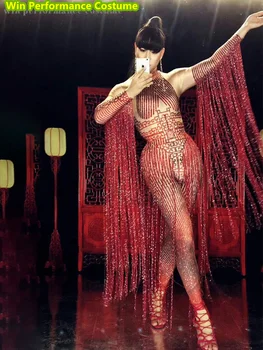 הזוהר קריסטל הבמה לבוש סרבל סקסי זמן ציצית ריינסטון שמלת נשים תלבושת מועדון זמר תלבושות ריקוד מוט