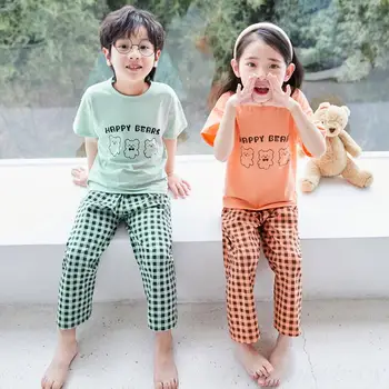 הנסיכה כתונת עבור בנות מותק הילדים הביתה בגדים סט קיץ כותנה משובץ ירוק כתום ילד ילד פיג ' מה קוריאנית Pijamas תלבושות