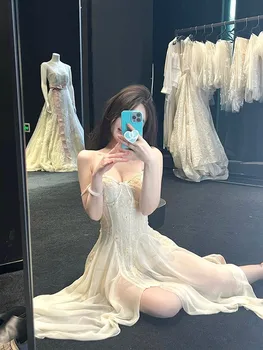 הקיץ 2023 לבן אלגנטי מחוץ כתף פיות שמלה נשית עם שיק הנסיכה פאף השמלה נשים מוצק שמלת מסיבת החתונה