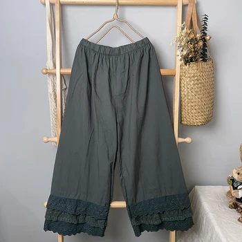 חדש האביב-קיץ מכנסיים יפן מורי ילדה תחרה רחב הרגל מכנסי כותנה רפויים מזדמנים נשים