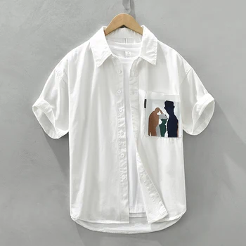 טהור כותנה שרוול קצר חולצה לגברים קיץ חדש יפן אופנה מקסימום זכר כיס כפתור הדפסה למעלה חולצה