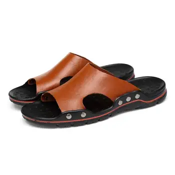 עור אמיתי נעלי גברים גודל גדול 48 47 להחליק על נעליים מזדמנים קיץ לנשימה חיצונית Mens שקופיות נוח חוף סנדלים