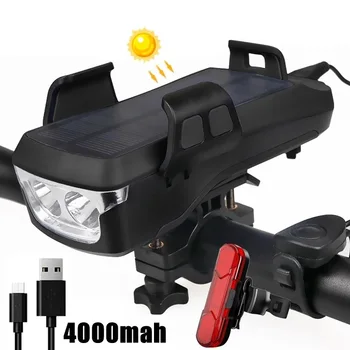 תכליתי אור אופניים עם מחזיק טלפון לאופניים להדגיש USB נטענת סולארית קרן המנורה 4000mAh כוח הבנק פנס